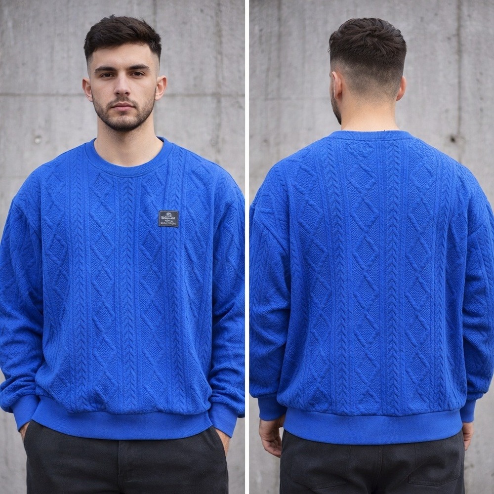 YOZY Royal Blue Cable Knit Textured Crewneck Sweatshirt Mens XL Oversized Fit